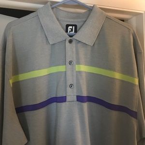 Footjoy Men’s Golf Shirt.  2XL, Grey with two stripes (yellow and purple).